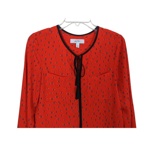 Libby Edelman red tunic bee print with tassel‎ tie in front long sleeve blouse S - Picture 3 of 7